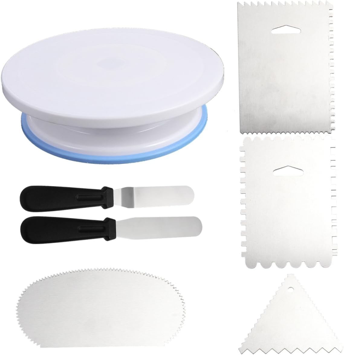 PRETYZOOM 7pc Cake Decorating Set Baking Kit Rotating Cake Stand Plastic Stainless Steel Tools Non-slip Base Easy Clean