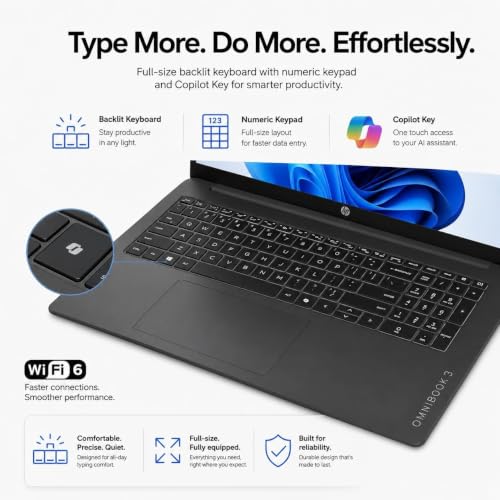 Image of HP Omnibook 3 17 inch Laptop, AMD Ryzen 3 30 (Beats Ryzen 5 7520U), Backlit Keyboard, 17.3 inch FHD IPS LED Display, 8GB DDR5 RAM, 1TB SSD, Built-in 1080p Webcam, Lightweight Design, Windows 11 Home