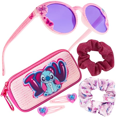 Disney Sonnenbrille Kinder Set mit Sonnenbrillen Etui, Scrunchies & Haargummis Mädchen (Rosa Stitch)