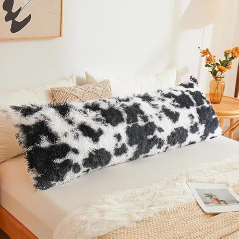 LIFEREVO Cow Print Shaggy Fluffy Faux Fur Body Pillow Cover 20"x54" with Zipper,Luxury Soft Long Bed Pillowcase,Decorative Body Pillowsham for Adults Women/Mother/Wife(Cow Print Black and White) Cover