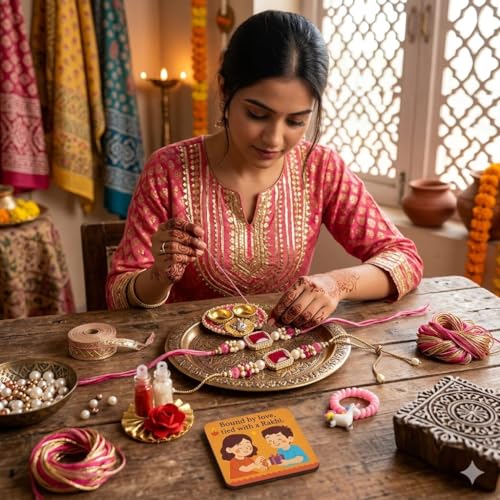 Image of SAUDEEP INDIA Decorative Fridge Magnet for Refrigerator Decor | Free Lumba Rakhi Set for Bhaiya Bhabhi | Raksha Bandhan Gift Combo | Cotton Thread Rakhi Festive Gift Home Decor(Model 5)