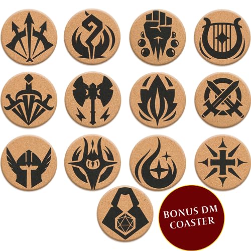 DND Korkuntersetzer Rund – 12 Untersetzer Kork – 12 Charaktere + DM – Dungeons & Dragons – D&D Board Game Symbole – Pen and Paper/DND Zubehör Nerd Geschenke Für Gamer/Gaming Zimmer Deko
