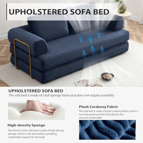Image of HANXIN 80'' Convertible Sleeper Sofa Bed, High Back Plush Corduroy Folding Floor Mattress Couch with Fixed-Shape Frame, Boneless Futon Loveseat with Pull Out Bed, No Assembly Required (Blue)