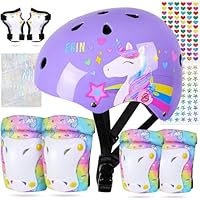 Kids Bike Helmet age 3 to 8, Unicorn Castle Boys Girls Protective Gear Set Knee Pads Elbow Pads Wrist Guards for Roller Scooter Skateboard Bicycle,Purple