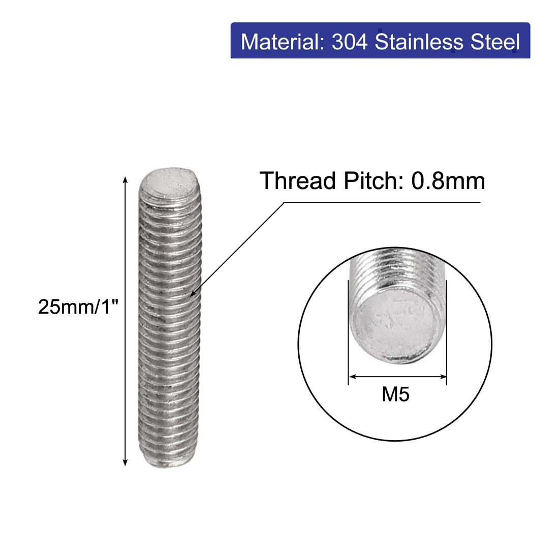 Image secondaire de sourcing map Tige Filetée M5x25mm 0.8mm pas 304 goujons 20pcs