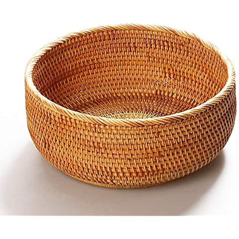 AMOLOLO Hadewoven Round Rattan Fruit Basket Wicker Food Tray Weaving Storage Holder Dinning Room Bowl, 10 Inch Woven Bread Basket Key Bowls with 4”Wall for Table, Countertop (Large 9.8") Cover