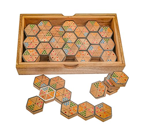 LOGOPLAY Hexadomino - Hexamino - Sechseck-Domino - Legespiel - Gesellschaftsspiel aus Holz mit 63 Spielsteinen