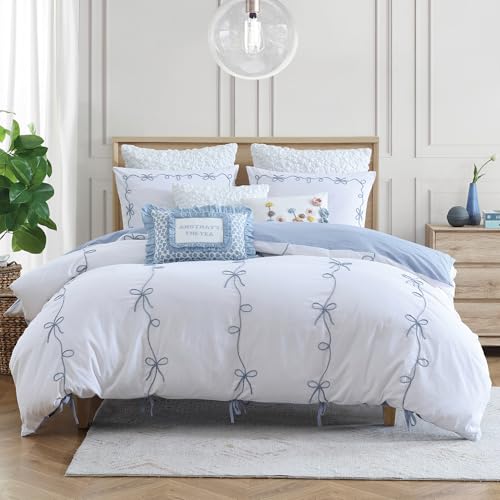 Peri Home Bow Bedding Duvet Cover Cottage Core Vintage Country 100% Cotton 3-Piece Set, Full/Queen, Blue Sasha Bows