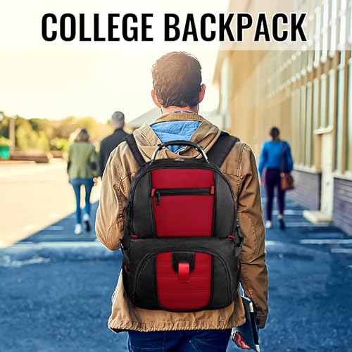 Image of YOREPEK Large Capacity Water Repellent Laptop Travel Backpack, with Pockets with USB Charging Port and Headphone Hole Fits 17.3 Inch Laptop, MacBook (Red)