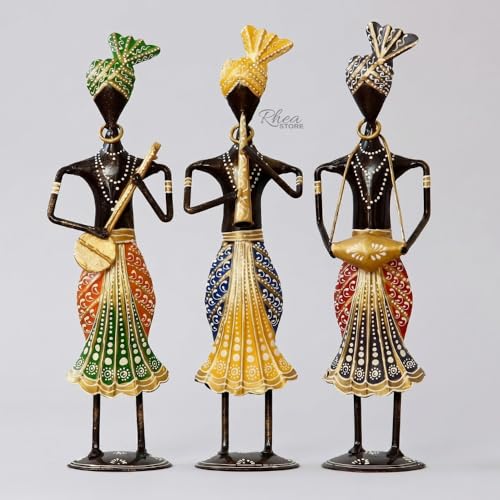 Image of Musical Sardar Set of 3 Handcrafted Rajasthani Musician Figurines, Black Metal Table Decor Showpiece for Office Desk, Corporate Bulk Gifting and Home Ornament (34H cm)