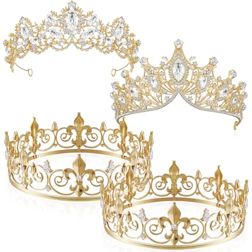 Henoyso 4 Pcs Prom King and Queen Crowns for Men Women Tiara Valentine's Day Party Galentine Wedding, Birthday, Homecoming(Gold,Groovy Style)
