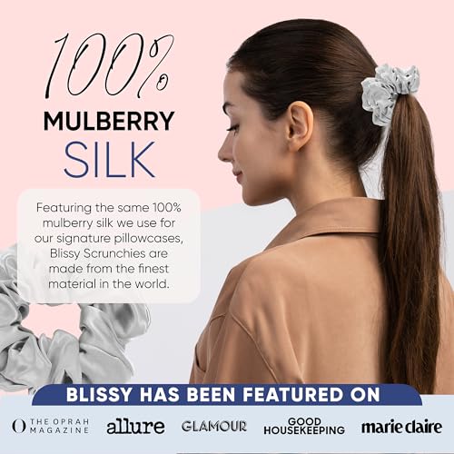 Image of Blissy Silk Scrunchies (3 Pack) - 100% Pure Mulberry Silk - 22 Momme 6A High-Grade Fibers Scrunchie for Straight & Curly Hair - Preventing Breakage, Tangling, & Creasing (Silver Regular)