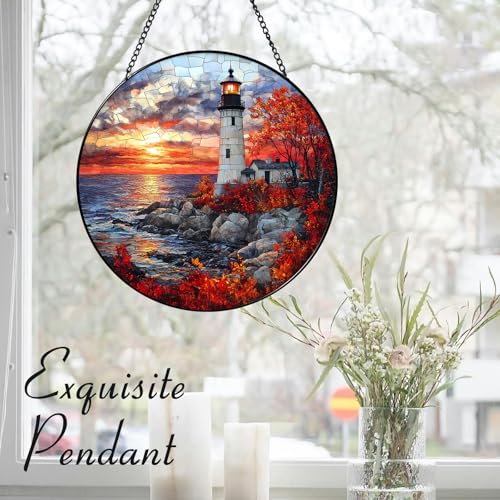 Zizzie Stained Glass Lighthouse Suncatcher - 7.9" Real Glass Coastal Ocean Sunset Window Hanging, Weatherproof Nautical Decor, Inspirational Hope Gift for Men Women Mom — view 5