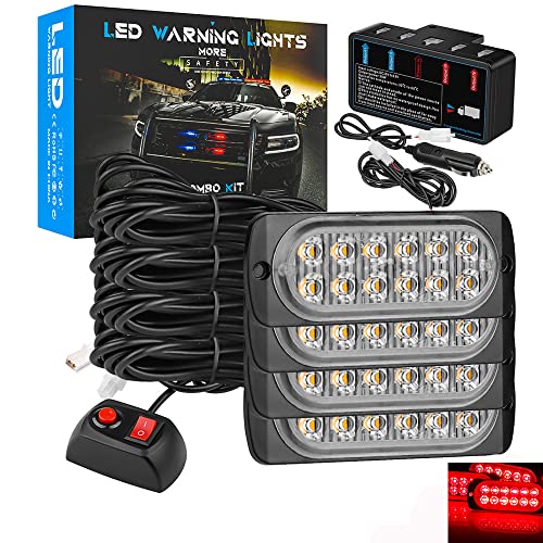 Aubeamto Car Led Strobe Warning Light Bar Kit, 4Pods 12Smd Emergency Strobe Lights, Surface Grille Mount Flashing Light Car Beacon Light, 18 Lighting Mode, Cigarette Lighter Adapter Included (Red) #TOP18