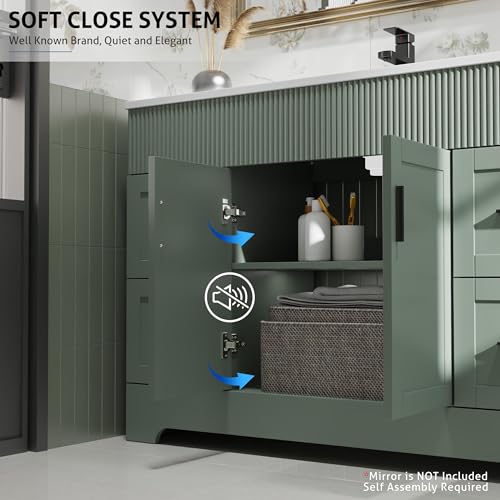 Image of eclife 48 inch Bathroom Vanities Sink Combo with Painted Surface, Modern Drawered Cabinet W /Decorative Wave Lines, Undermount Single White Sink, Matte Black Faucet Drain, Gray Green