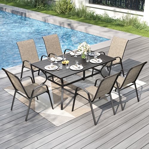 PHI VILLA Garden Table and Chairs for 6 7 Pieces Outdoor Dining Set with 1 Rectangular Metal Table and 6 Stackable Textilene Chairs 6 Seater E-Coating Patio Table Set for Backyard Porch Poolside