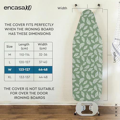 Image of Encasa XO Homes Ironing Board Cover With 3Mm Thick Felt Pad For Steam Press(Fits Standard Wide Boards Of 125X46 Cm)Heat Reflective,Scorch&Stain Resistant,Printed-Big Leaves Green
