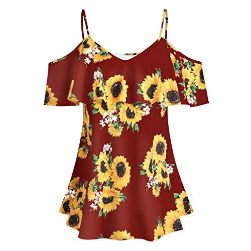 Shirts Blouses for Women Plus Size Hosamtel Off Shoulder Ruffle Sunflower Floral Print Spaghetti Strap Casual Blouse Tops