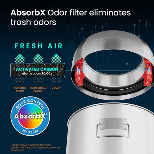 Image of iTouchless 13 Gallon Open Top Kitchen Trash Can Recycling Bin with Wheels and Double Odor Filters, Round Commercial Stainless Steel 50 Liter Trashcan for Home Office Work Bedroom Livingroom Garage