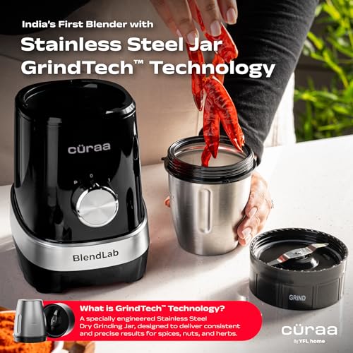 Image of Curaa BlendLab Mixer Grinder for kitchen 4 Jars 100% Copper Motor Stainless Steel Jar for Spice Grinding & Chutneys Compact Smoothie Blender Smoothies Maker 2 Year Warranty, 400w