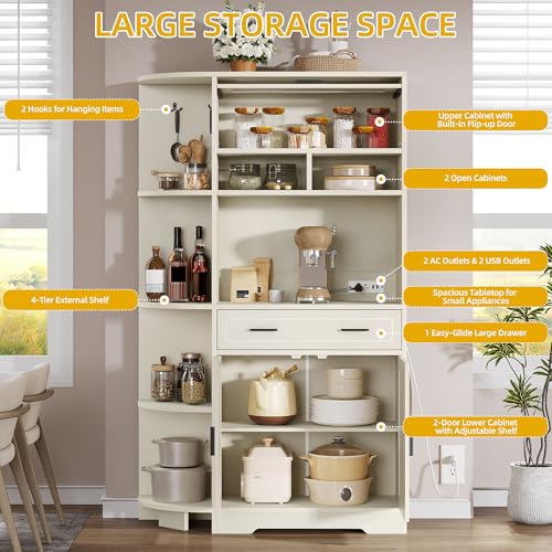 DWVO Kitchen Pantry Cabinet with Drawer, 67" Farmhouse Baker Rack with Power Outlets, Buffet Sideboard w/Microwave Stand, Cupboard Hutch Storage Cabinet for Kitchen, Living Room, Dining Room (White)
