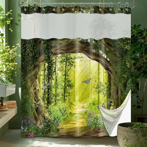 Bxpaitx Green Enchanted Forest See Through Mesh Top Shower Curtain