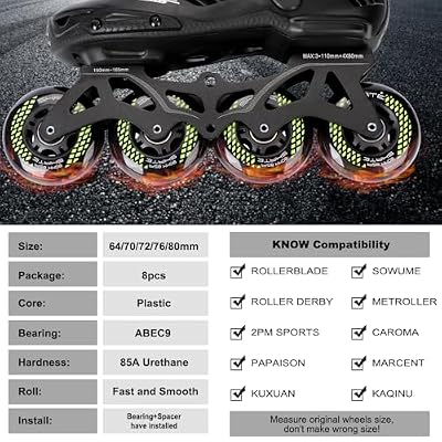 8 Pack Inline Skate Wheels 72mm, 76mm, 80mm - ABEC9 Bearing - 85A Durometer PU - Compatible with Rollerblade, Roller Derby, K2 Skate