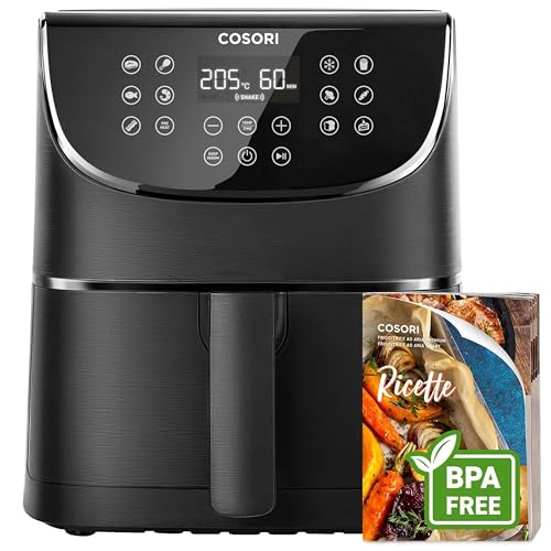 COSORI Friggitrice ad Aria 5,5 Litri, Air Fryer, 1700W, 13 Funzioni, 85% Meno Olio, 75℃-205°C, 40 Ricette Italiane, Display Digitale, CP158 Nero, Piastra o Cestello interiore Spedizione Casuale