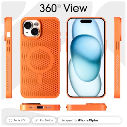 Image of Pikkme Back Cover for iPhone 15 Plus | Honeycomb Cooling Design | Silicone Heat Dissipation | Mag-Safe Compatible | Shockproof Camera Protection Bumper Case (Orange)