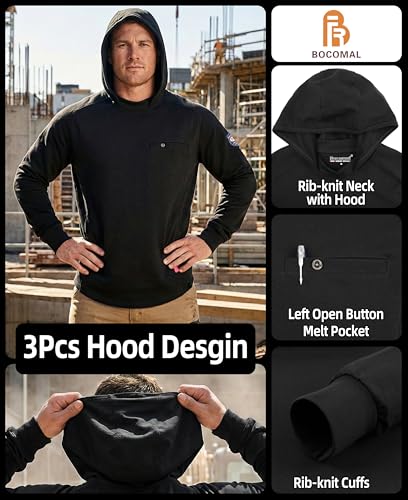 Image of BOCOMAL FR Hooded T Shirts Utility Pocket Fire Resistant Summer Hoodie CAT2 | 6oz Midweight Flame Retardant Cotton Hoodies,Kangaroo /Button Pocket,NFPA2112,Rib-Knit Cuffs,FRC Welding Arc Rated Work Shirt