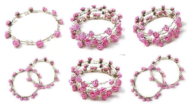 shopyidol Artificial Floral Headpiece Roses Foam Flower Wedding Bridal Beach Party Travel Headpiece Wreath Crown Tiara for Girls, Teens and Women (Pack of 4 pcs) (Baby Pink, Free Size) - Image 3 thumbnail