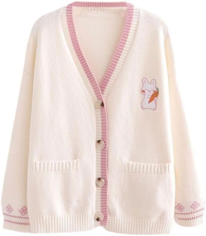 FindThy Women’s Cute Rabbit Embroidered Cardigan Long Sleeve Pocketed Kawaii Cardigans Sweater