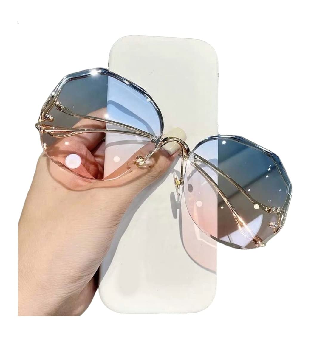 Sponsored Ad - Oversized Curve Frame Retro Rimless Alloy Round Sunglasses for Women Girls UV Protection Anti Glare Gradient Designer Imported Goggles