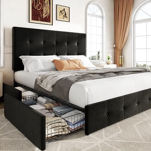 Image of Allewie Upholstered Full Size Platform Bed Frame with 4 Storage Drawers and Adjustable Headboard, Square Button Tufted, Wooden Slats Support, Noise-Free, No Box Spring Needed, Easy Assembly, Black