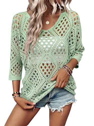 Image of Verdusa Women's Crochet Beach Sweater 3 /4 Length Sleeve Boho Tops Off The Shoulder Summer Sweater Cover Ups