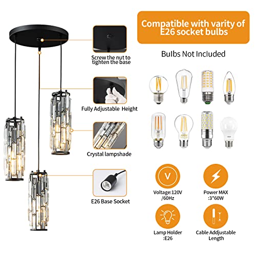 Image of LMQNINE 3 Light Black Pendant Lighting Modern Pendant Light, Mini Crystal Chandeliers,Adjustable Pendant Light Fixture for Kitchen Island Dinning Room Bedroom (Black 3-Light)