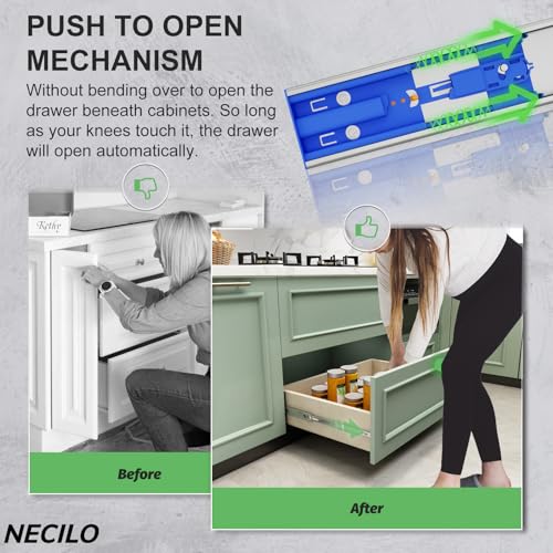 Miniatura 2 de Necilo Guías Para Cajones Pulsar Para Abrir 500mm,Acero Inoxidable,45 Kg De Capacidad De Carga,Guía De Extensión Total De 3 Piezas,Montaje Lateral,1 Par