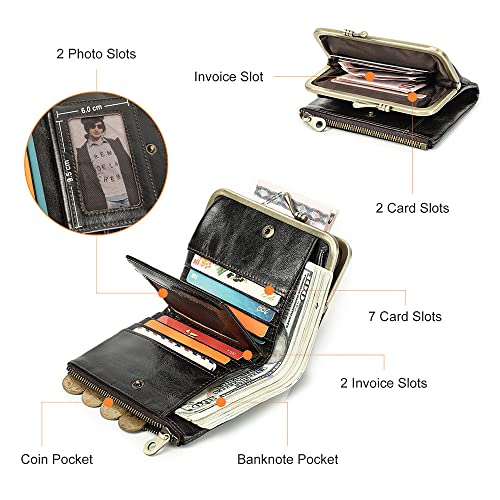 CONTACTS Womens Kiss Lock Wallet Leather Small Zipper Coin Pocket for Womens Vintage Bifold Rfid Purse Card Holder with Photo Window4