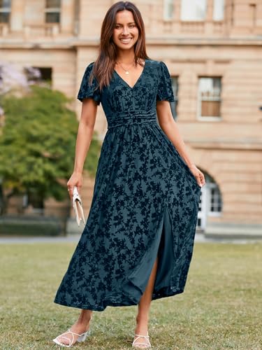 Image of Simplee Women's Velvet Maxi Dress V Neck Short Sleeve Empire Waist Semi Formal Long Cocktail Dresses
