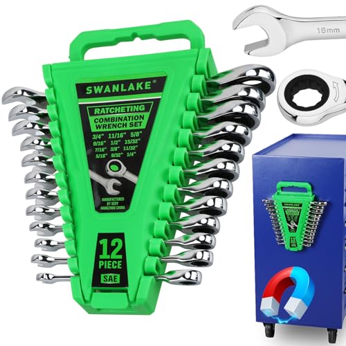 12-Piece Ratcheting Wrench Set, SAE 1/4 - 3/4 inch Ratchet Combination Wrenches Set, 12-Point 72-Tooth Ratchet Spanners with Magnetic Base Organizer, Chrome Vanadium Steel for Automotive Mechanic Tool