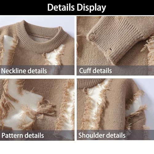 Men's Contrasting Pullover Ripped Tassel Long Sleeved Sweater Round Neck Large Size Casual Sweater4