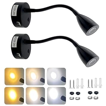 ZIAERKOR 12V RV Reading Lights Interior Dimmable USB,12 Volt RV led Lights Reading Lamps for Bed, 5.9''Flexible Goosneck Light for Boat Camper Van 3 Colors Touch Control- 2 Pack (Black)