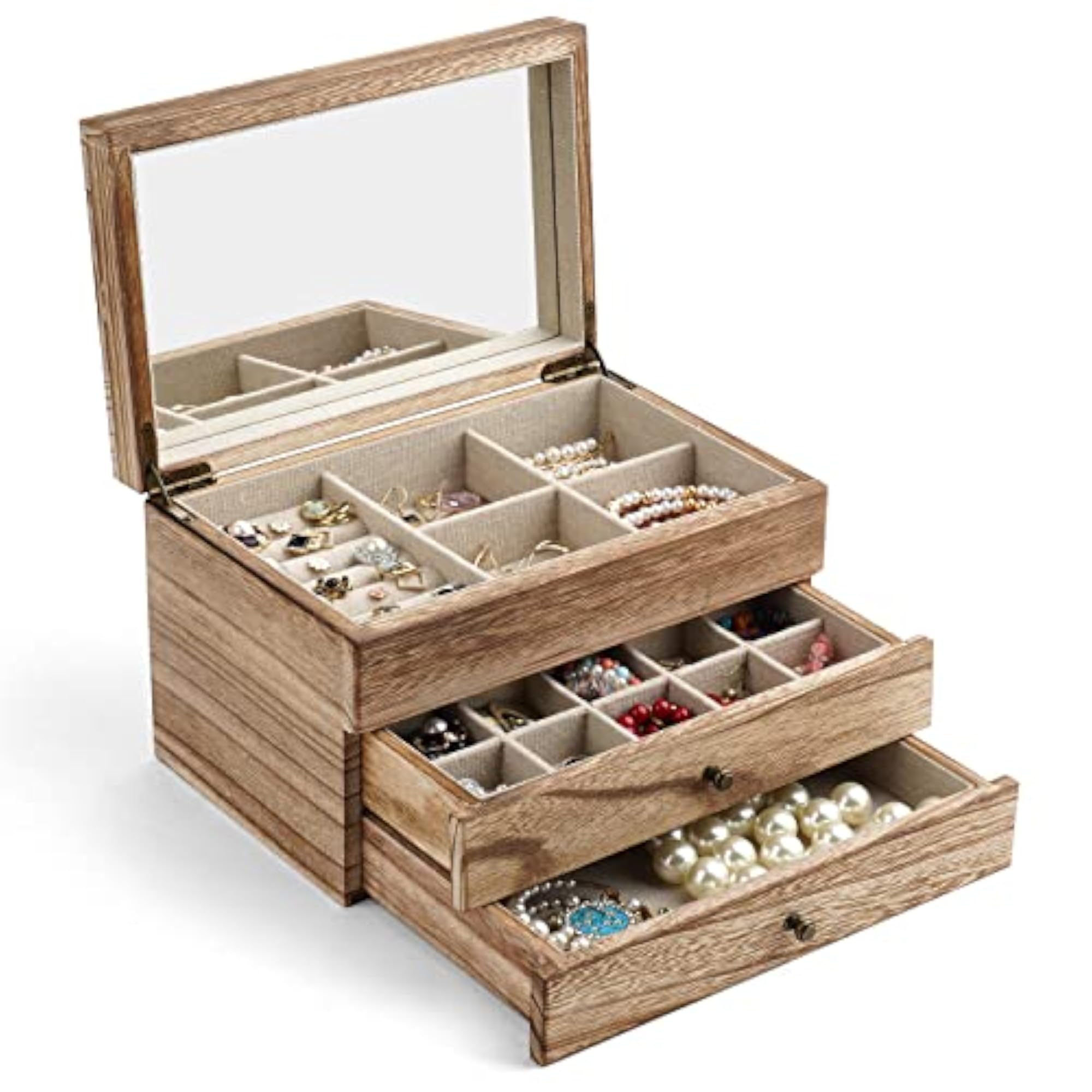 Large 3 Layer Wooden Jewelry Box with Mirror