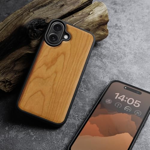 Image of Carveit Wood Case for iPhone 16 Plus, Natural Grain, Cherry | Magnetic iPhone 16 Plus Case Compatible with MagSafe Wireless Chargers, Engraved Wood with Soft TPU Shockproof Bumper