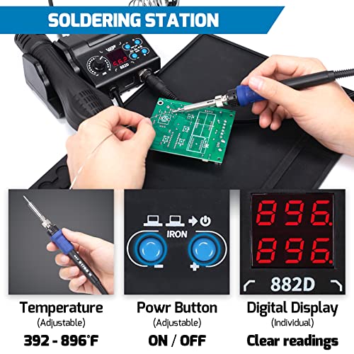 Wep 882D Soldering Iron Station 2-In-1 Smd Hot Air Rework Station With 2 Spools Of Solder Wire, 5 Soldering Tips, 3 Hot Air Nozzles, Brass Wool Tip Cleaner, Tweezers, Desoldering Pump thumb #4