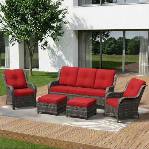Image of 5 Piece Outdoor Wicker Patio Furniture Set, Patio Chairs Set with Thickened Olefin Cushions, High Back and Deep Seating, Hand-Woven PE Rattan, Ottoman for Porch, Deck