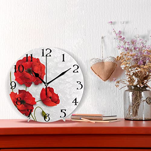 Mnsruu Large Wall Clocks, Red Poppy Flowers Non Ticking 25cm Clock Silent Clocks Atomic Analog Clocks Living Room Kitchen Bedroom Office Home Decor Easy to Read - Image 3