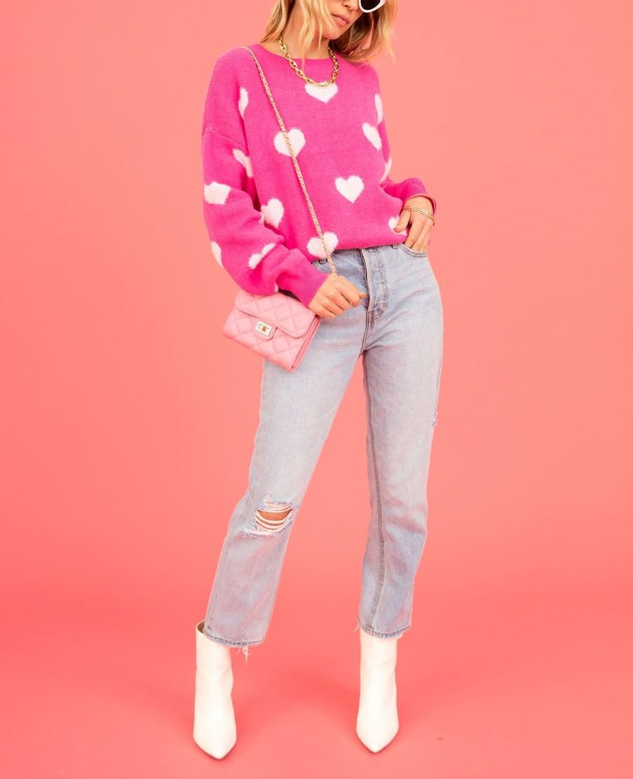 Women's Cute Heart Sweater Love Print Valentine Romantic Knitted Top Casual Crewneck Long Sleeve Sweaters Pullover - Image 4