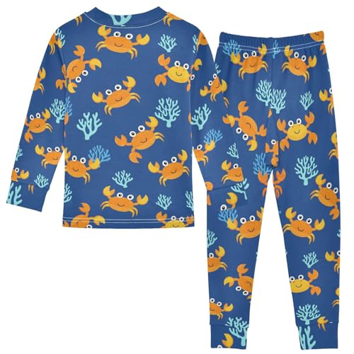 Pajama Sets Long Sleeve Crab Coral Blue Background Soft Comfy Sleepwear 2 Piece PJS 3-8T3