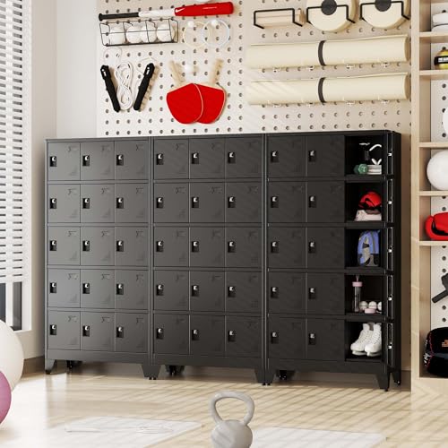 Image of Metal Lockers for Employees, 15 Doors Black Steel Storage Locker Cabinet | Heavy Duty Employee Lockers with Name Card Holders & Ventilation Holes for Office School Gym Garage, Easy Assembly